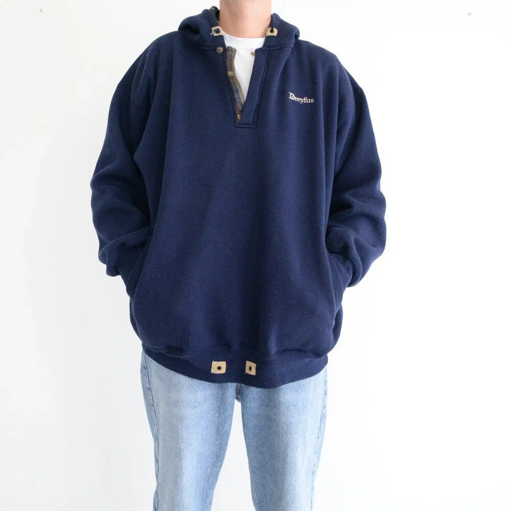 Vintage Bac Premium Half Zip Navy Pullover  With Hood Plaid Lined Sweater XL